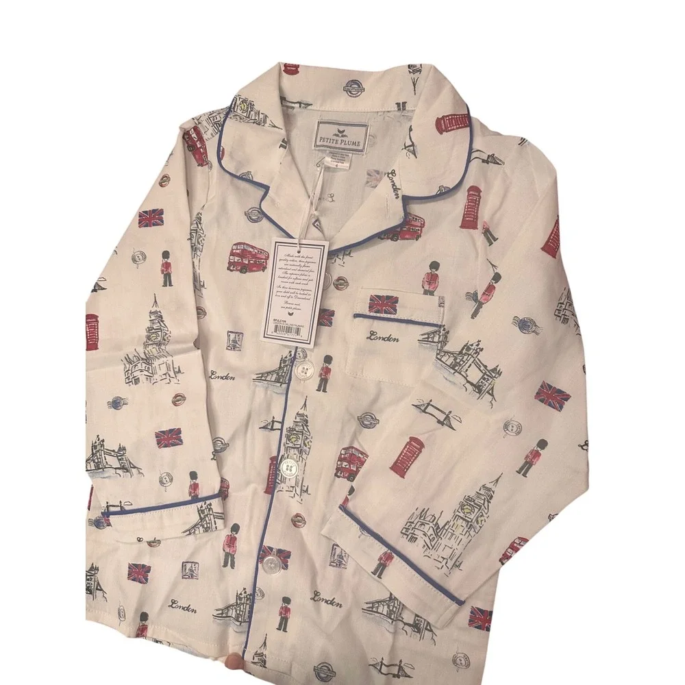 Petite Plume Boys London Is Calling Pajamas Set White Blue Red Size 4 NWT